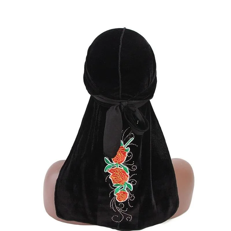 Durag de Veludo com Flores Pretas