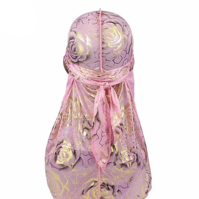 Durag Feminino Rosa com Flores Douradas