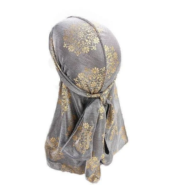 durag masculino cinza flor dourada