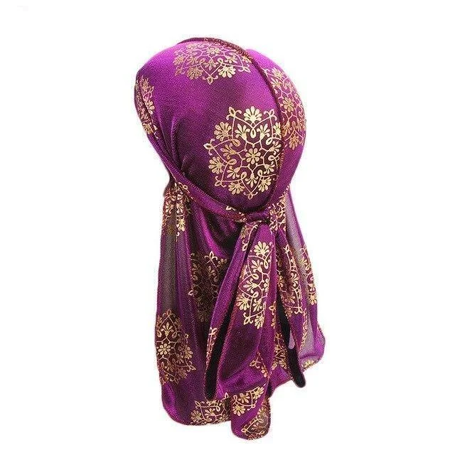 Durag Feminino Roxo com Flor Dourada
